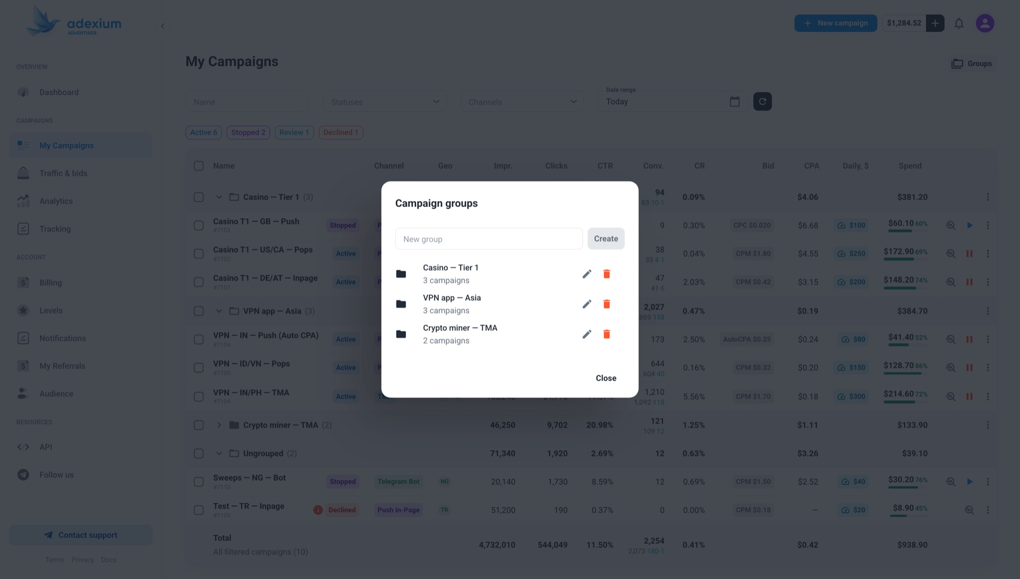Campaign groups management dialog