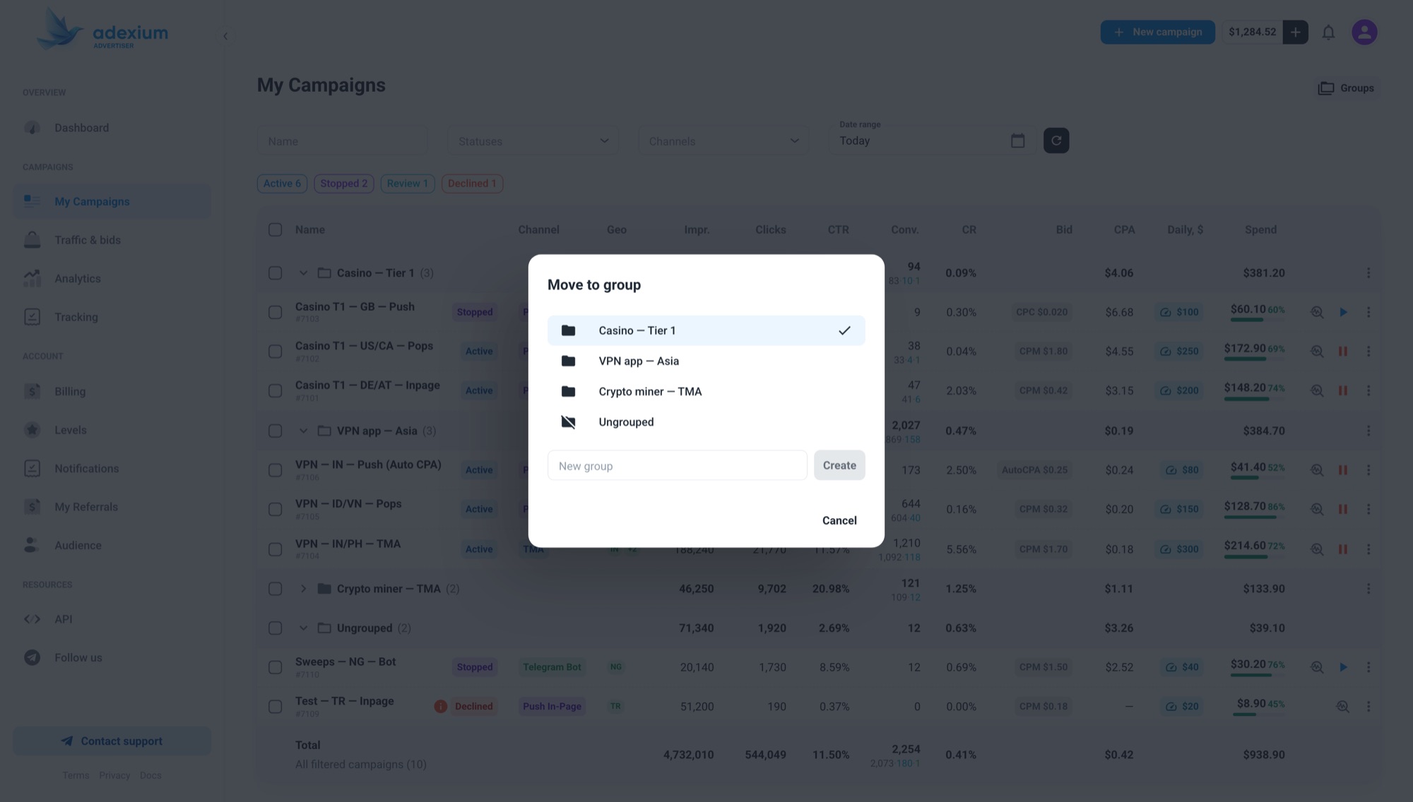 Move to group dialog with inline group creation